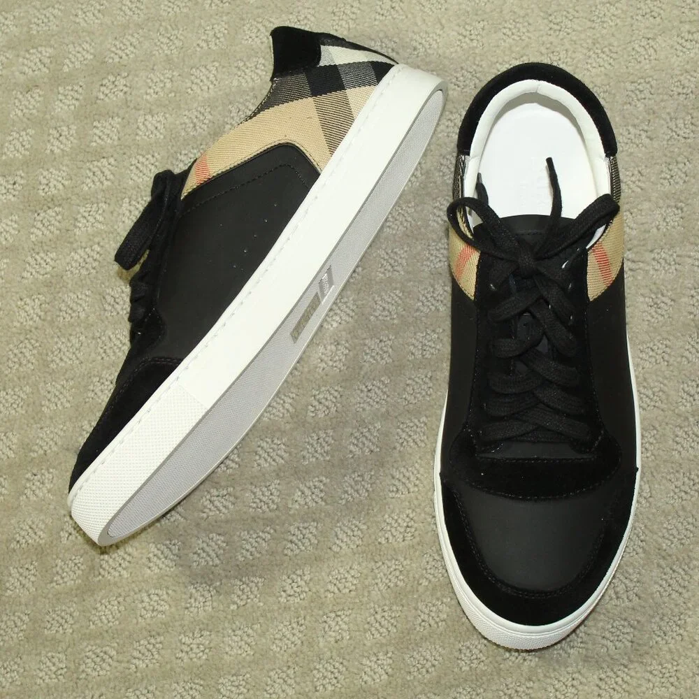 New BURBERRY Reeth Unisex Black Leather, Suede, Check Sneakers Women's 9.5